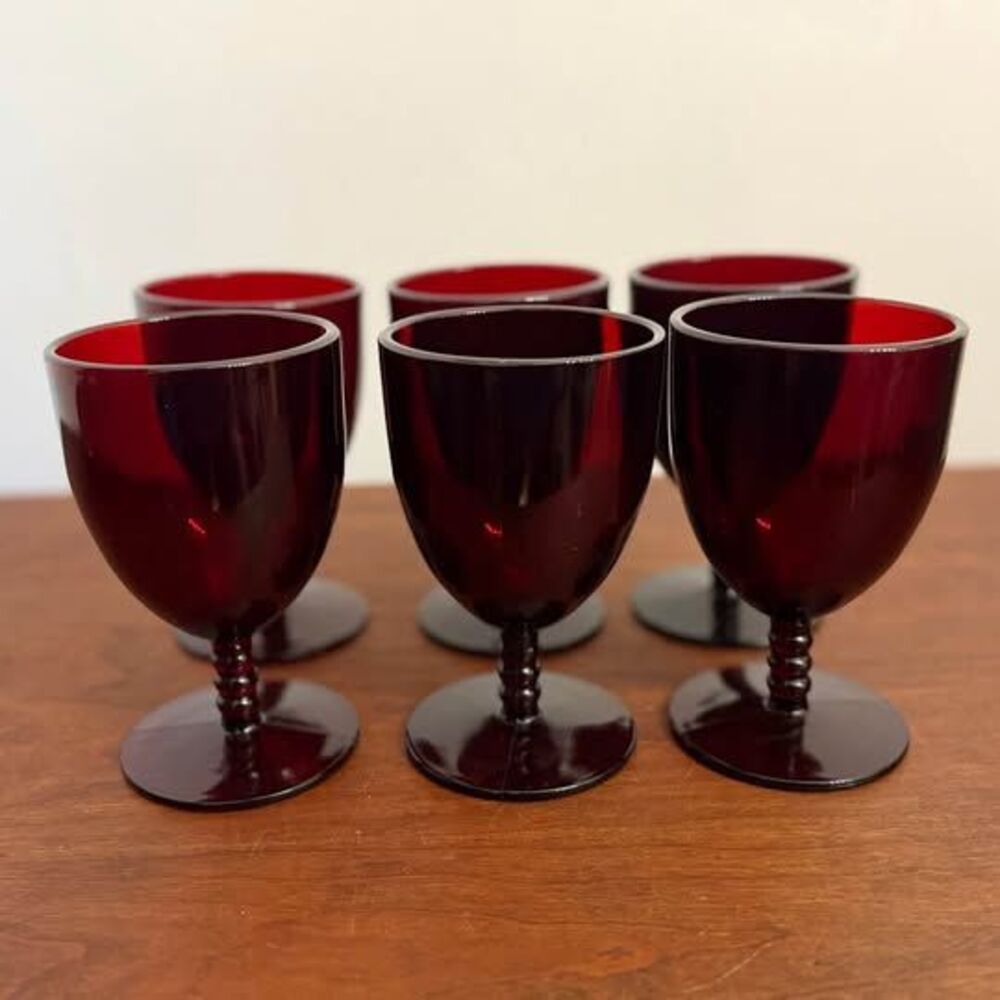 Set of 6 Vintage Anchor Hocking Monarch Royal Ruby Red Water Wine Goblets Ball S